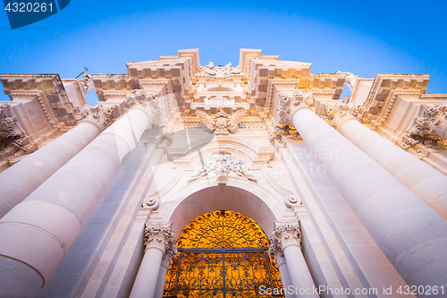 Image of Entrance of the Syracuse baroque Cathedral in Sicily - Italy