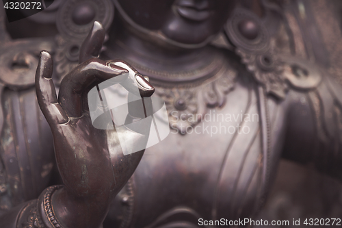 Image of Detail of Buddha statue with Karana mudra hand position