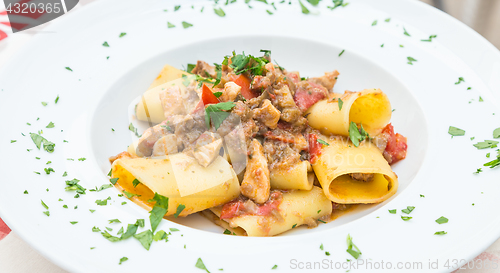 Image of Italian Paccheri pasta  with Swordfish