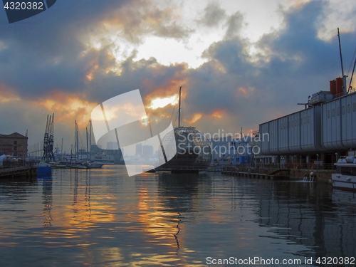 Image of Harbor at sunset in Genova, Italy