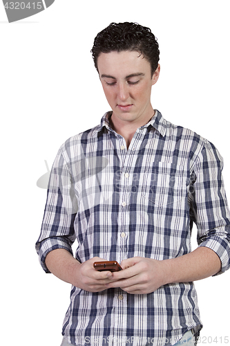 Image of Casual Man Texting on Cell Phone - White background