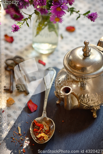 Image of Dry tea leaves on spoon