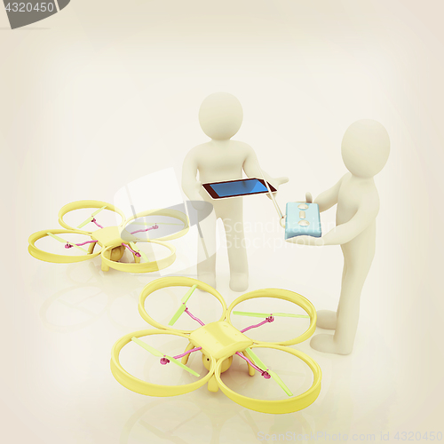 Image of 3d white people. Man flying a white drone with camera. 3D render