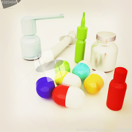 Image of Syringe, tablet, pill jar. 3D illustration. Vintage style.