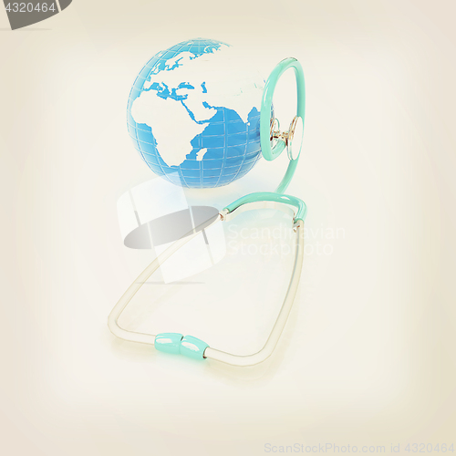 Image of Stethoscope and Earth.3d illustration. Vintage style.