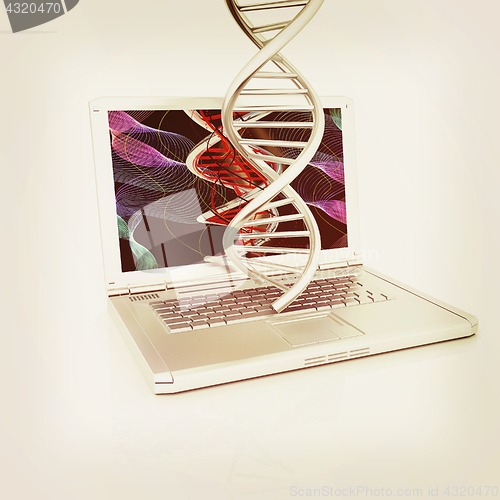 Image of Laptop with dna medical model background on laptop screen. 3d il