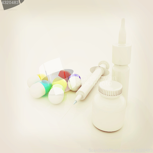 Image of Syringe, tablet, pill jar. 3D illustration. Vintage style.