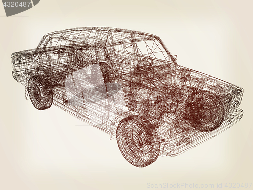 Image of 3d model cars. 3D illustration. Vintage style.