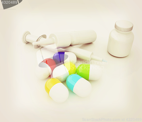 Image of Syringe, tablet, pill jar. 3D illustration. Vintage style.