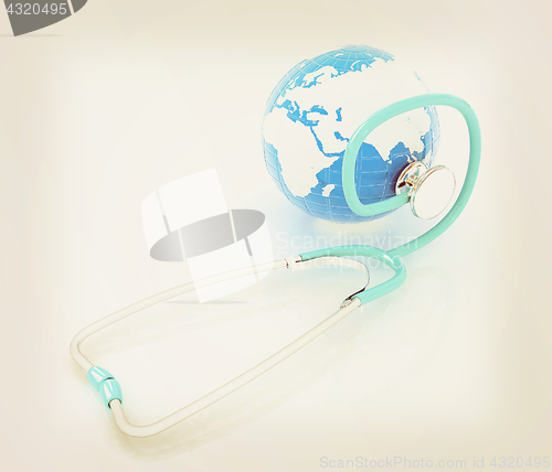 Image of stethoscope and globe.3d illustration. Vintage style.