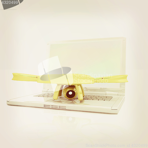 Image of Drone and laptop. 3D render. Vintage style.