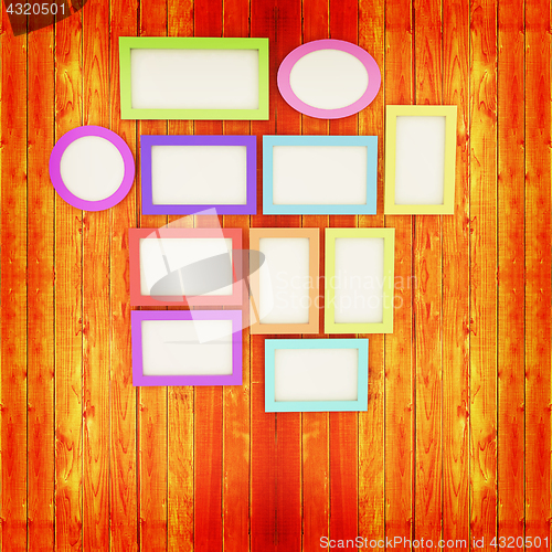Image of Mock up picture frames on wood wall. 3d illustration. Vintage st