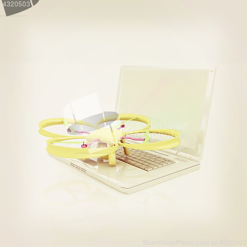 Image of Drone and laptop. 3D render. Vintage style.