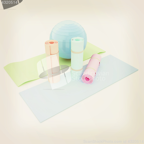 Image of karemat and fitness ball. 3D illustration. Vintage style.