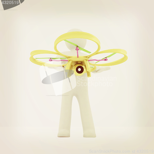 Image of 3d man with drone, quadrocopter, with photo camera. 3d render. 3