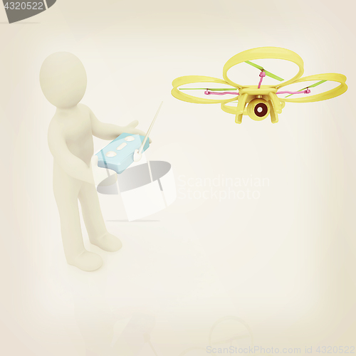 Image of 3d man with drone, quadrocopter, with photo camera. 3d render. 3