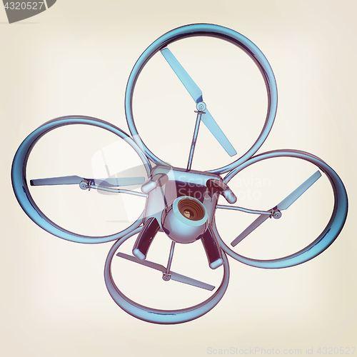 Image of Drone, quadrocopter, with photo camera flying. 3d render. Vintag