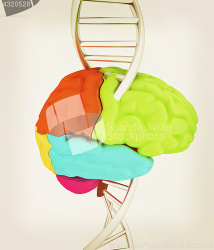 Image of Brain and dna. 3d illustration. Vintage style.