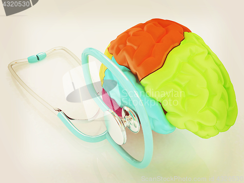 Image of stethoscope and brain. 3d illustration. Vintage style.