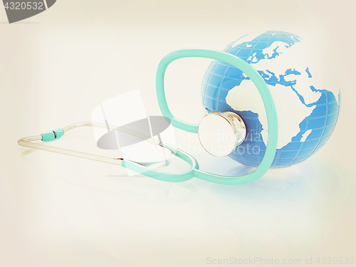 Image of stethoscope and globe.3d illustration. Vintage style.