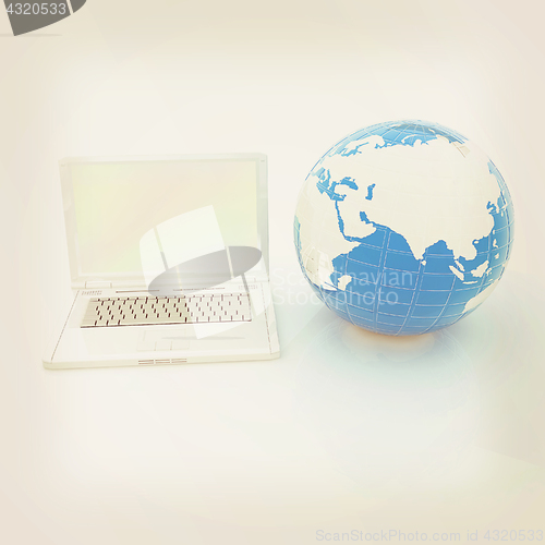 Image of Laptop and Earth. 3d illustration. Vintage style.