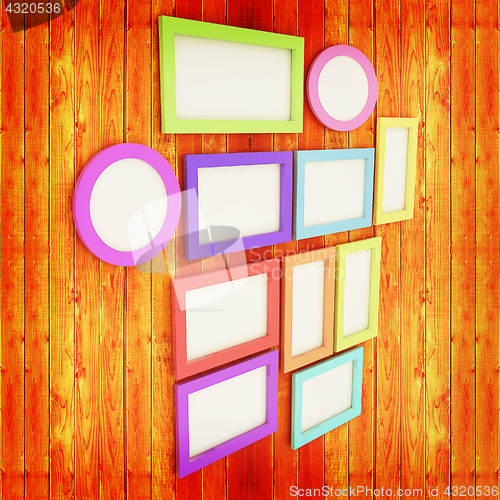 Image of Mock up picture frames on wood wall. 3d illustration. Vintage st