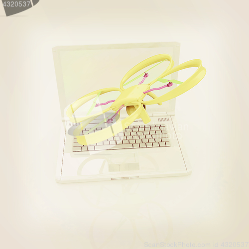 Image of Drone and laptop. 3D render. Vintage style.