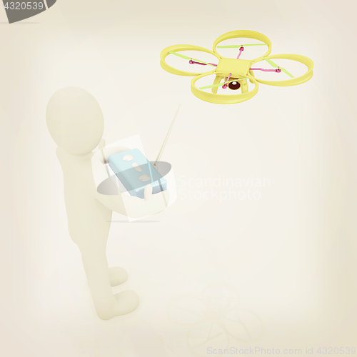 Image of 3d man with drone, quadrocopter, with photo camera. 3d render. 3