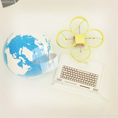 Image of Drone or quadrocopter with camera with laptop. Network, online, 