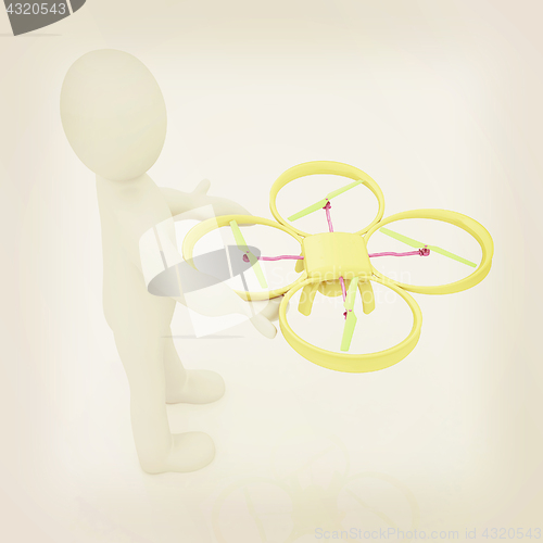 Image of 3d man with drone, quadrocopter, with photo camera. 3d render. 3