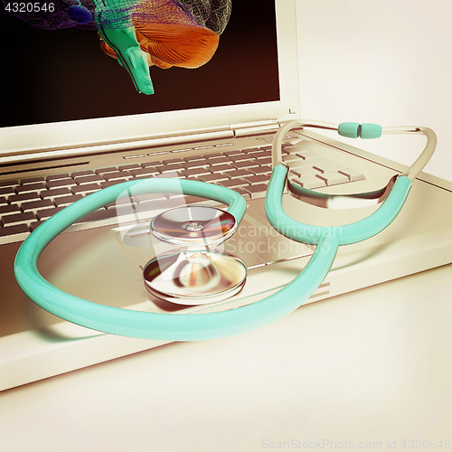 Image of Laptop, brain and Stethoscope. 3d illustration. Vintage style.