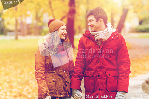 Image of happy young couple walking in autumn park