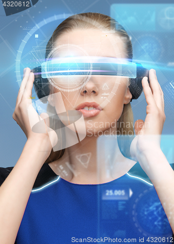 Image of woman in virtual reality 3d glasses with screens