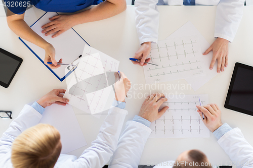 Image of doctors with cardiograms and tablet pc at hospital