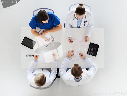 Image of group of doctors with cardiograms at hospital