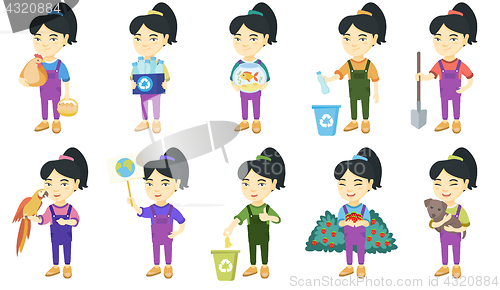 Image of Little asian girl vector illustrations set.