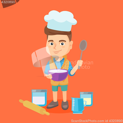 Image of Caucasian boy holding a saucepan and a spoon.