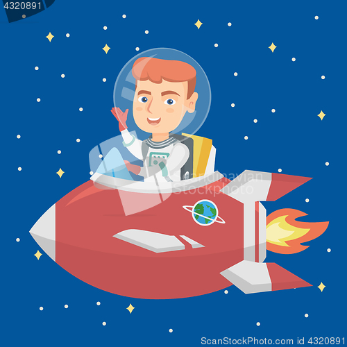 Image of Caucasian smiling boy riding a spaceship.