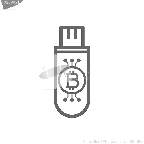 Image of Bitcoin cryptocurrency in the cold storage flash drive key line icon.