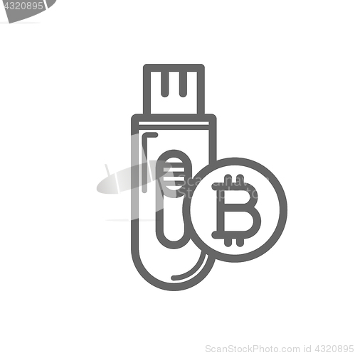 Image of Bitcoin cryptocurrency in the cold storage flash drive key line icon.