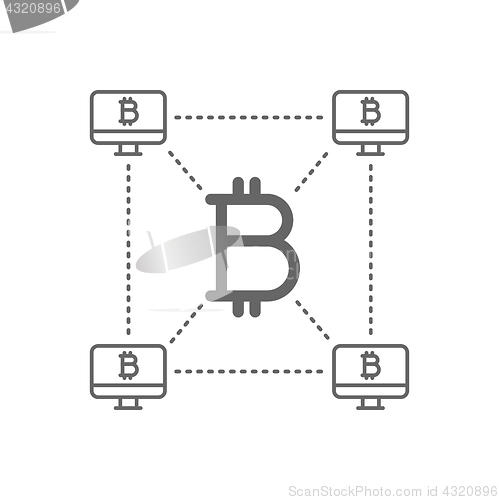 Image of Bitcoin with decentralized blockchain line icon.