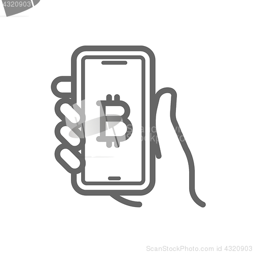 Image of Bitcoin online symbol on the smartphone in hand line icon.