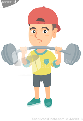 Image of Upset caucasian boy lifting heavy weight barbell.