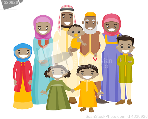 Image of Happy extended muslim family with cheerful smile.