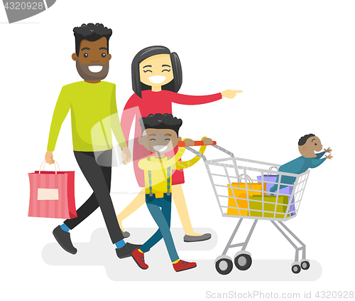 Image of Happy multiracial family with biracial kids shopping.