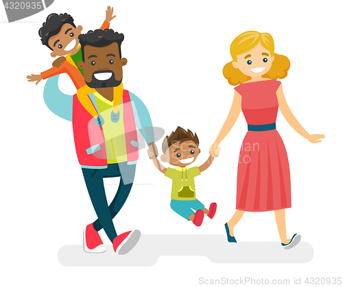 Image of Happy multiracial family walking and having fun.