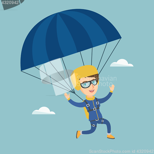 Image of Young caucasian skydiver flying with a parachute.