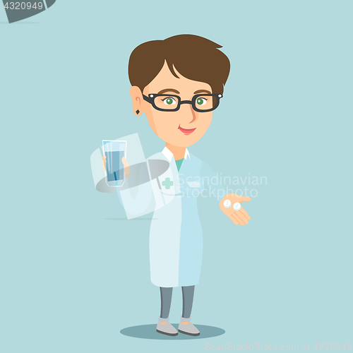 Image of Pharmacist giving pills and a glass of water.