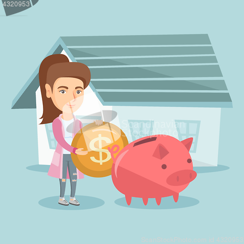 Image of Woman saving money in piggy bank for buying house.