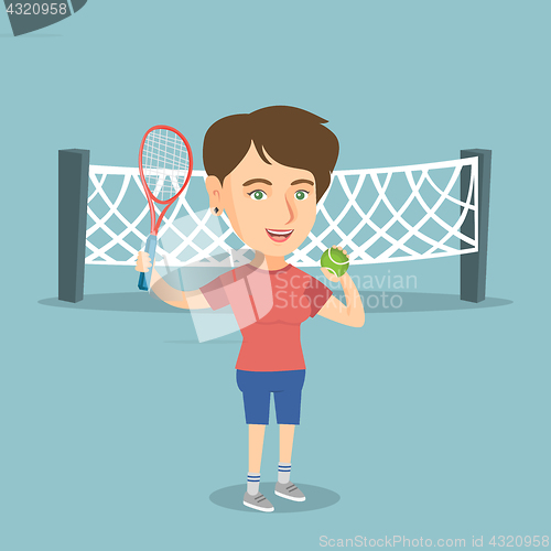 Image of Caucasian tennis player holding racket and ball.